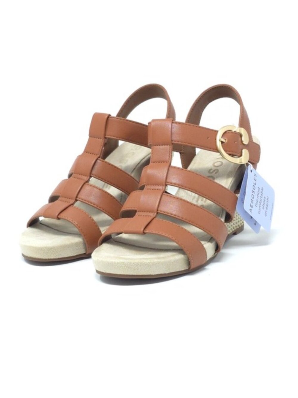 New Aerosoles Paige Gold Leather Caged Wedge Sandals Women’s
